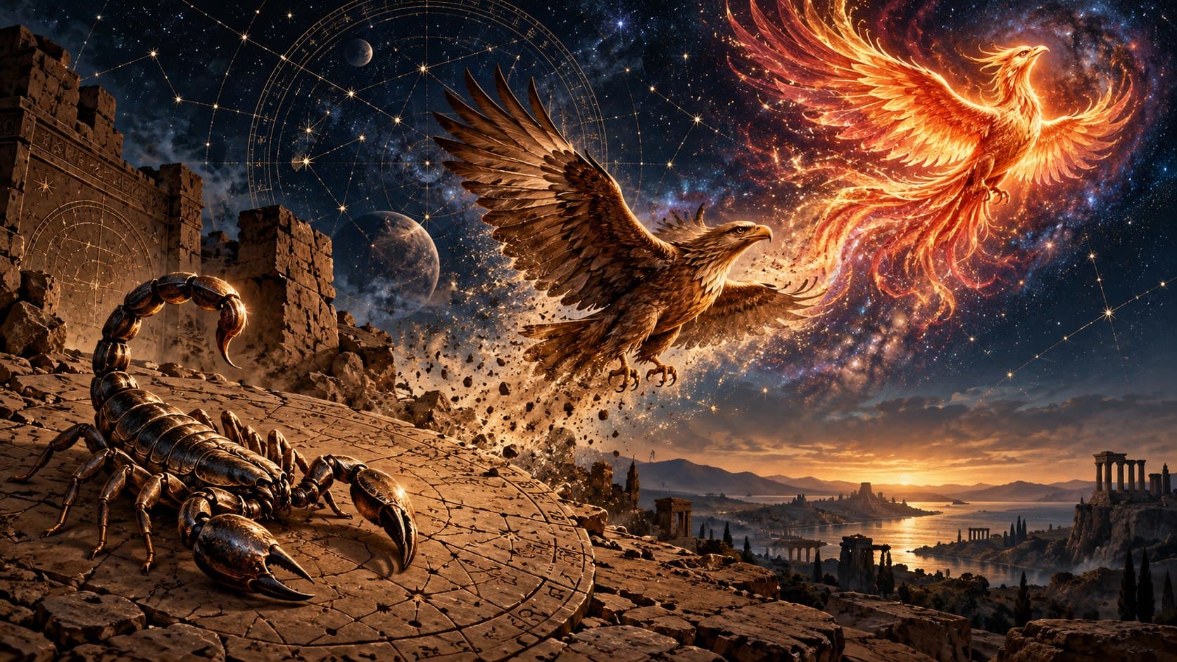 A bronze scorpion beneath an eagle transforming into a fiery phoenix in a star-filled sky