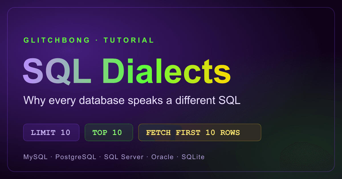 SQL Dialects — why every database speaks a different SQL. GlitchBong tutorial cover.